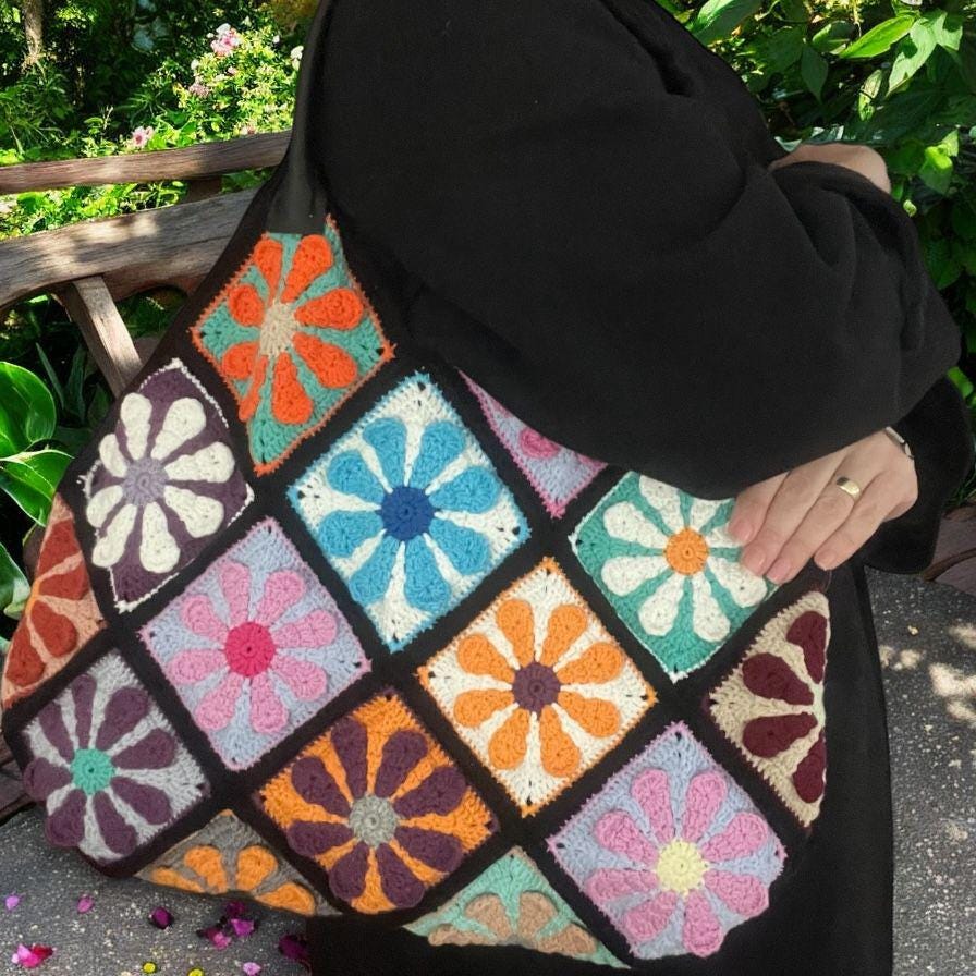 Handmade Crochet Granny Square Bag â€?Flower Power Tote â€?Colorful Beach Shoulder Bag