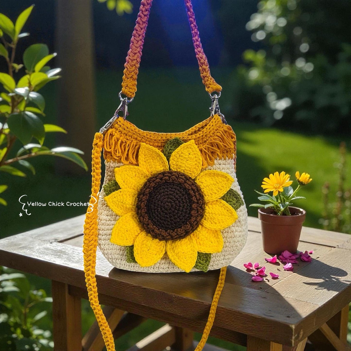 Sunflower Crochet Bag, Matching Hat Set, Crossbody &amp; Handheld,Lined, Zippered, Mother's Day Gift, Gift for Her, Easter Gift, Sunflower lover