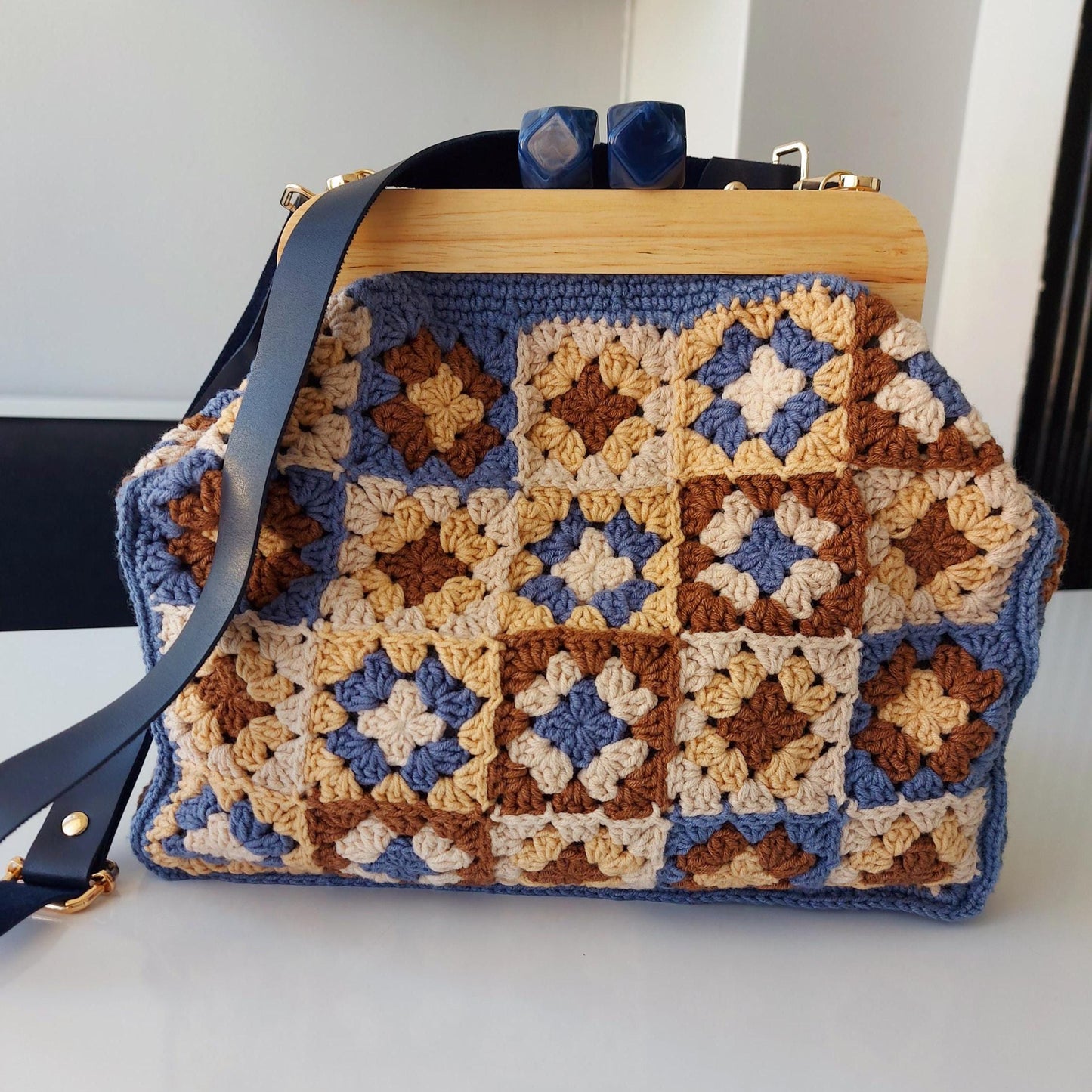 Large Kiss Lock Bag: Crochet Granny Square Bag, Top Handle Bags