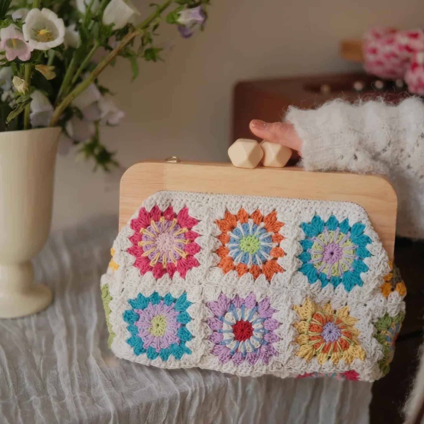Handmade Cotton Crochet Bag, Granny Square Floral Tote, Woven Knit Shoulder Bag, Unique Designer Purse, Eco Friendly Handcrafted Bag