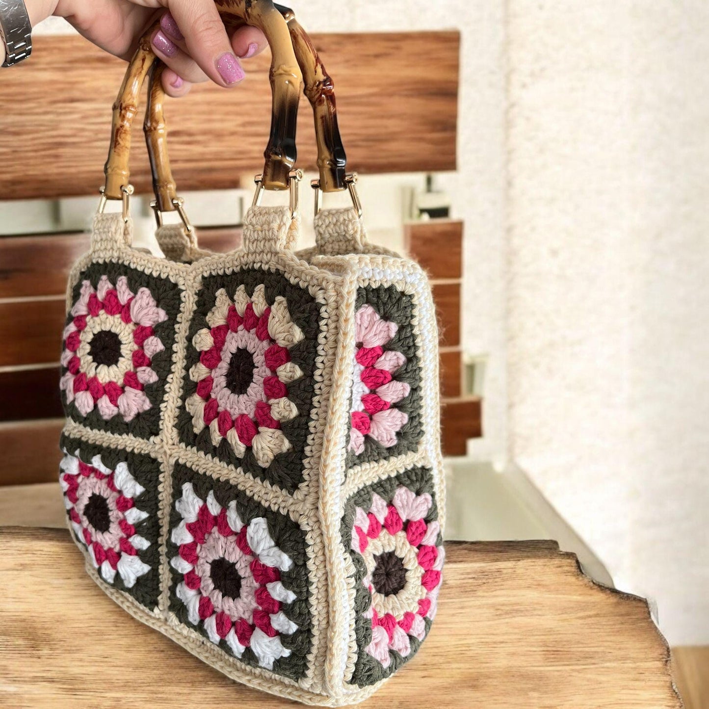 Crochet Granny Square Crossbody Bag: Blue Whisper Luna Loops, Bamboo Handle