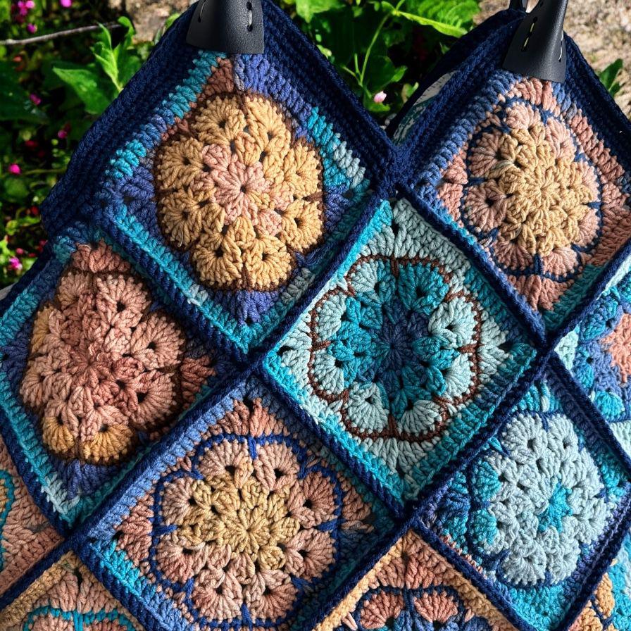Handmade Crochet Bag: Colorful Granny Square Tote with Leather Handles