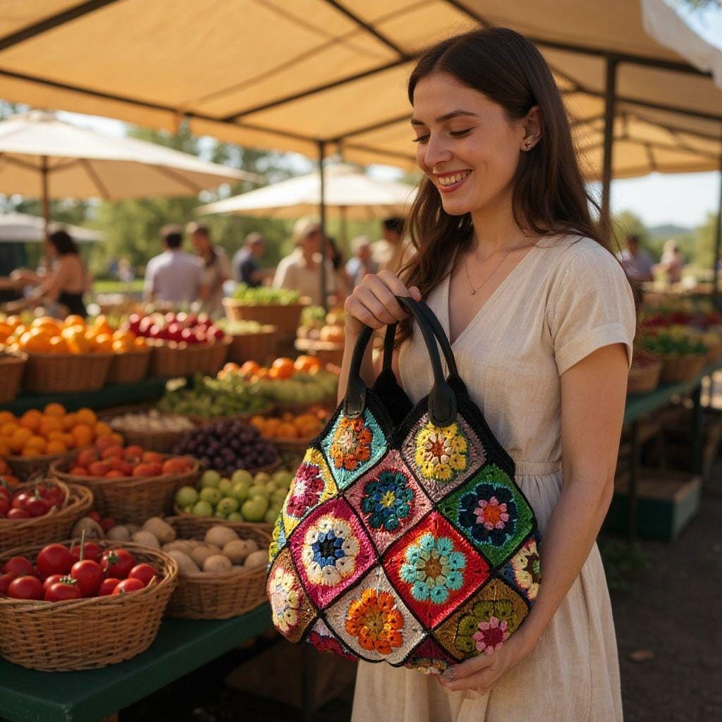 Colorful Granny Square Crochet Tote Bag â€?Handmade Boho Market Bag â€?Retro Patchwork Purse