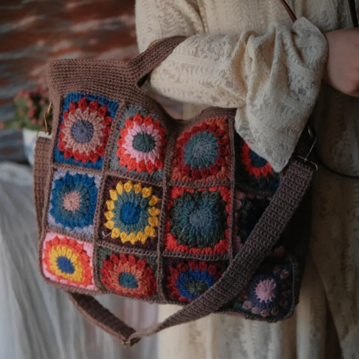 Boho Chic Crochet Bag, Handmade Wool Blend Tote, 3D Flower Granny Square Shoulder Bag, Durable YKK Zipper, Artisan Knit Purse, Gift for her
