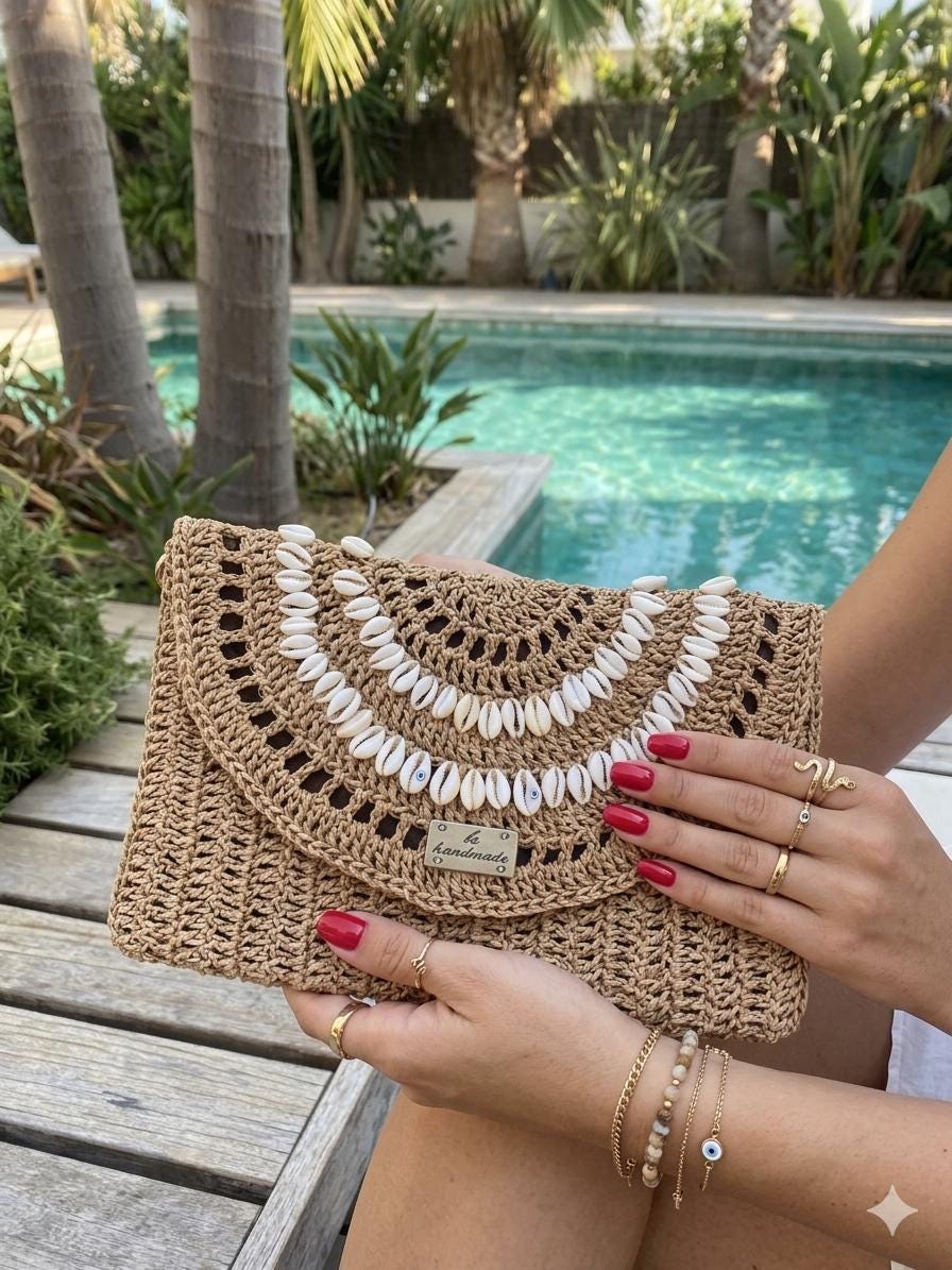 Crochet Sea Shell Clutch: Handmade Raffia Bag with Cotton Lining