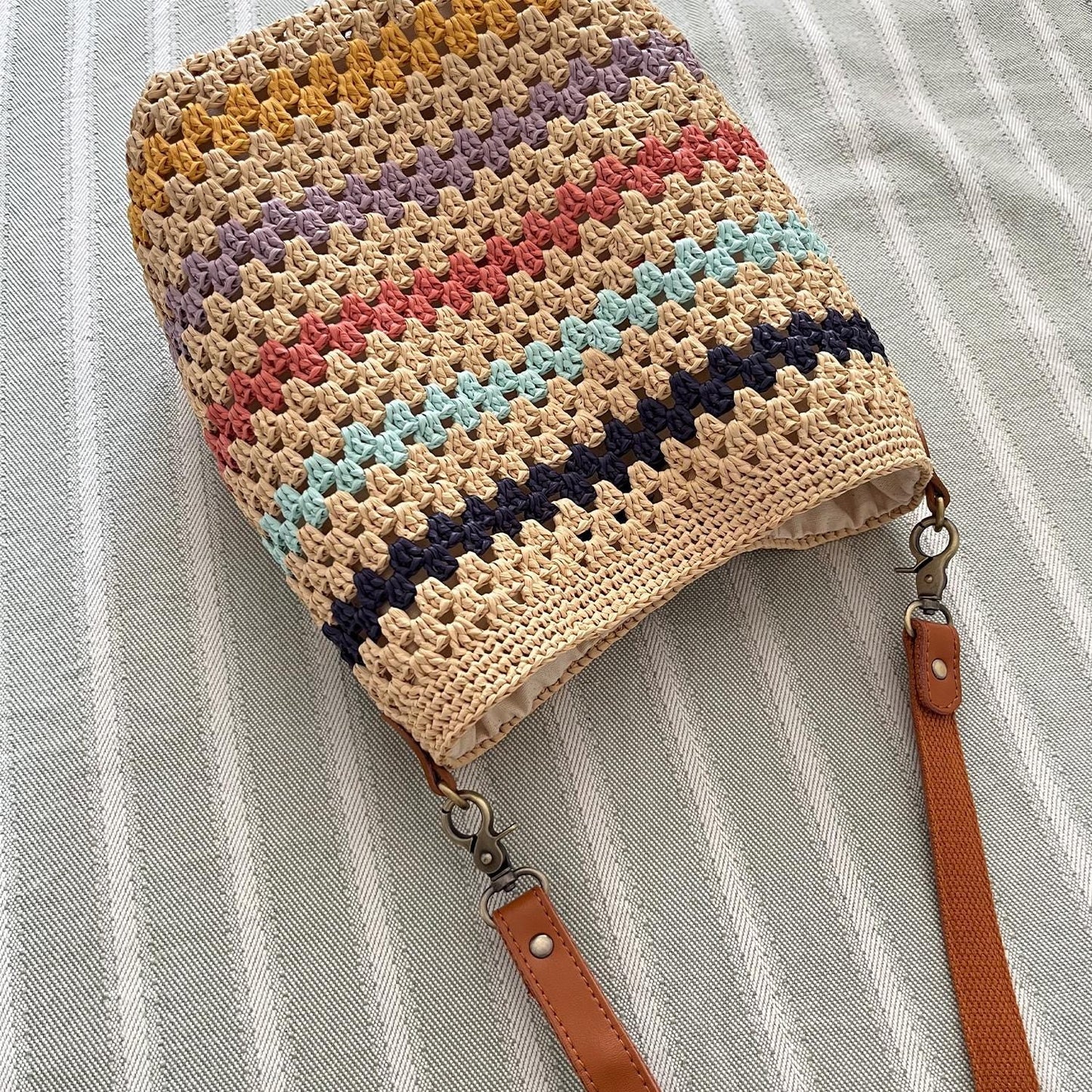Ocean Stripe Crochet Bag, Handmade Shoulder Bag, Handbag Gift for Her