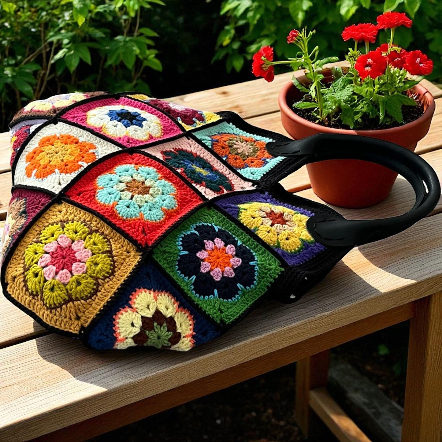 Colorful Granny Square Crochet Tote Bag â€?Handmade Boho Market Bag â€?Retro Patchwork Purse
