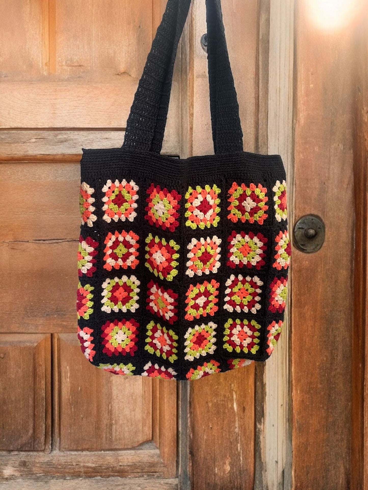 Crochet Granny Square Tote Bag: Dark Grey Boho Beach Bag