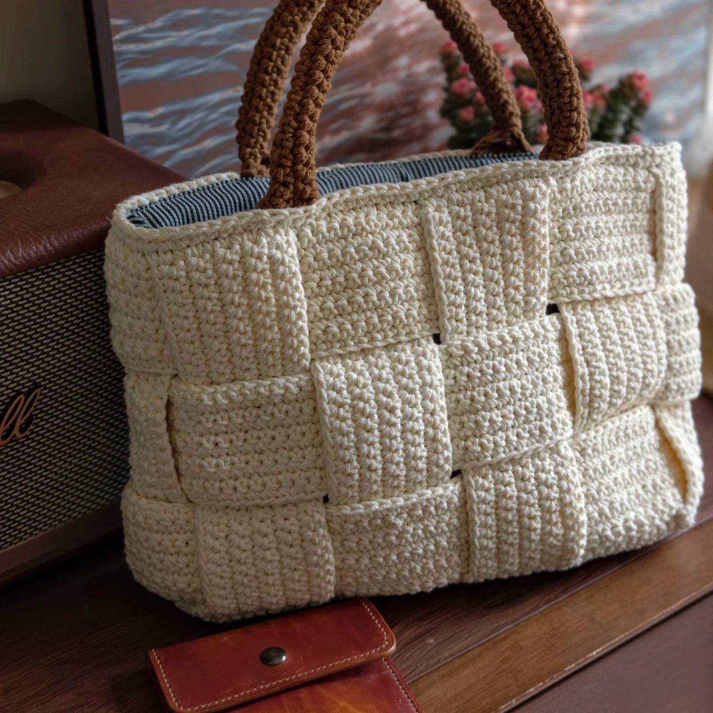 Handmade Woven Crochet Tote Bag - Cream Textured Basket Weave Shoulder Bag with Heavy-Duty Structure and Striped Fabric Lining, Gift for her