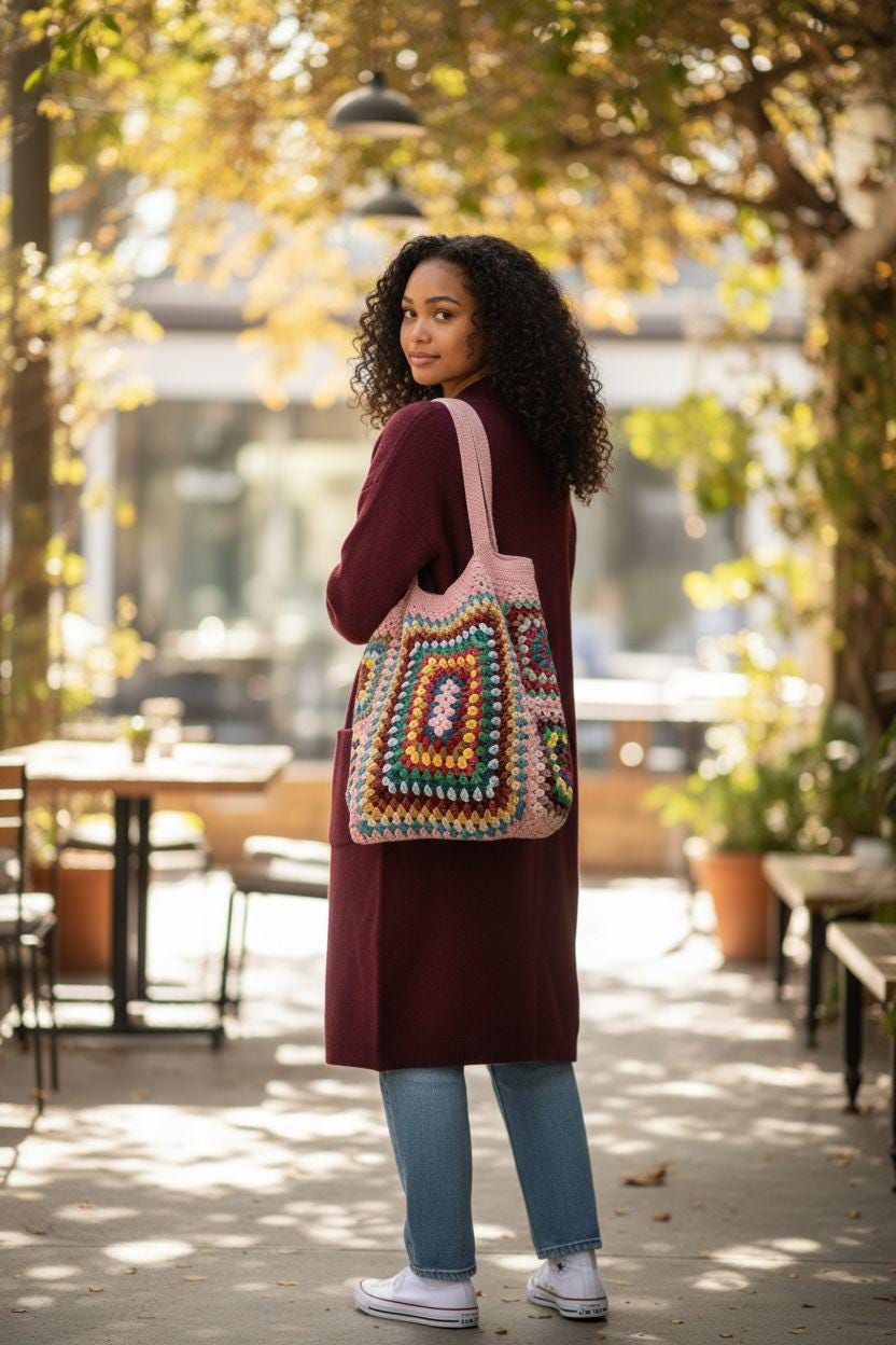 Crochet Granny Square Tote Bag: Boho Vintage Shoulder Bag