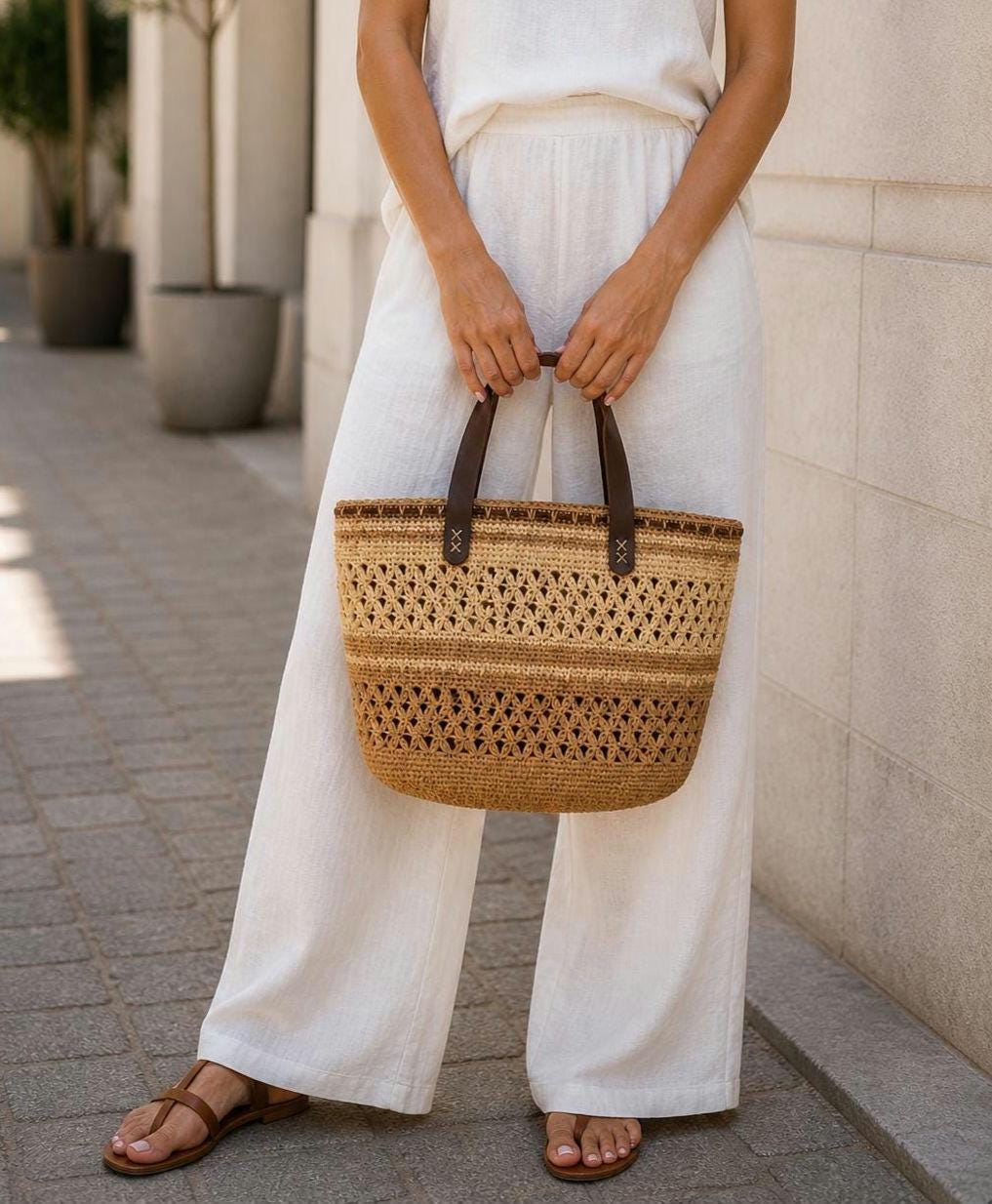 Boho Raffia Crochet Tote Bag, Handmade Summer Beach Purse with Leather Handles