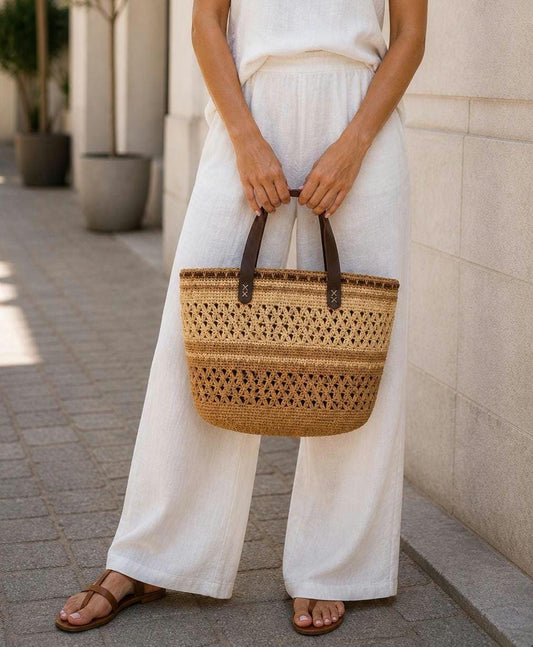 Boho Raffia Crochet Tote Bag, Handmade Summer Beach Purse with Leather Handles
