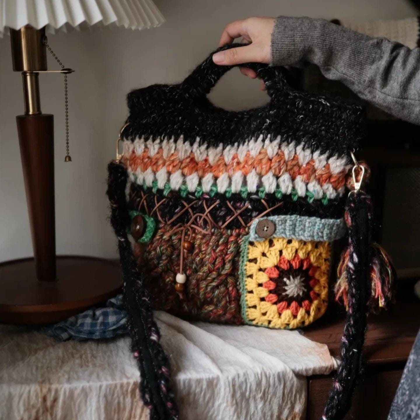 Handmade Crochet Tote Bag, "Wanderer's Soul" Mixed Yarn Bag, Lined Crochet Tote with Granny Square, Leather Button Detail, Boho Travel Purse