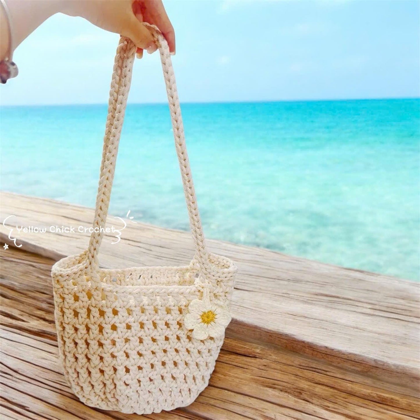 Handmade Crochet Mesh Bag with Flower Charm, Elegant Short Handbag, Custom Colors, Floral crochet bag, Mother's Day gift, Easter Gift