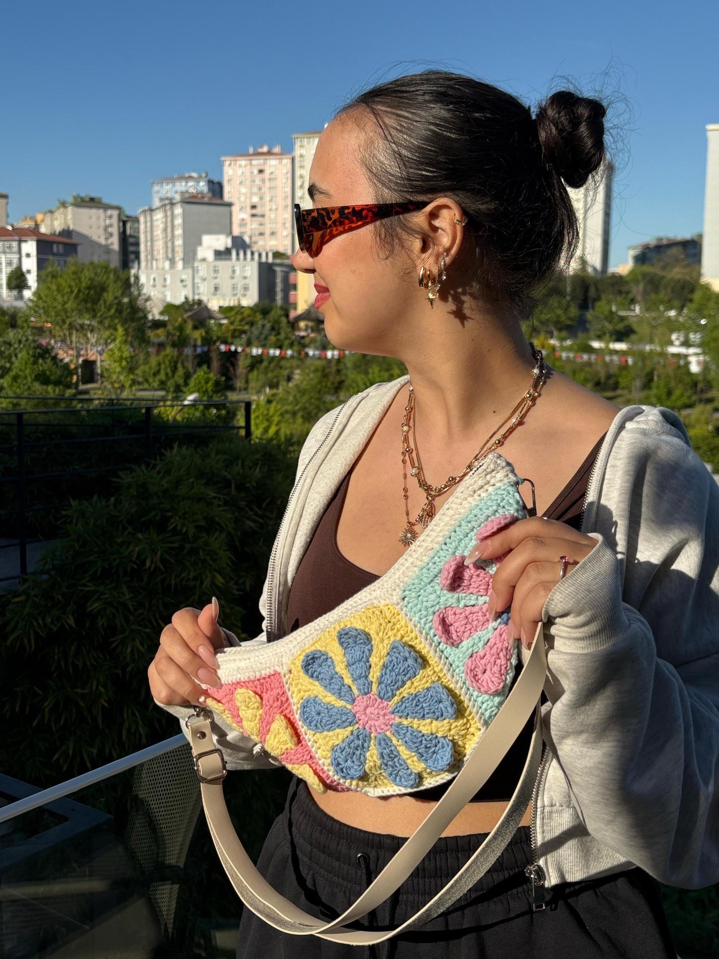 Crochet Granny Square Crossbody Bag: Bohemian Cotton Blend Bum Bag, Aesthetic Spring Style