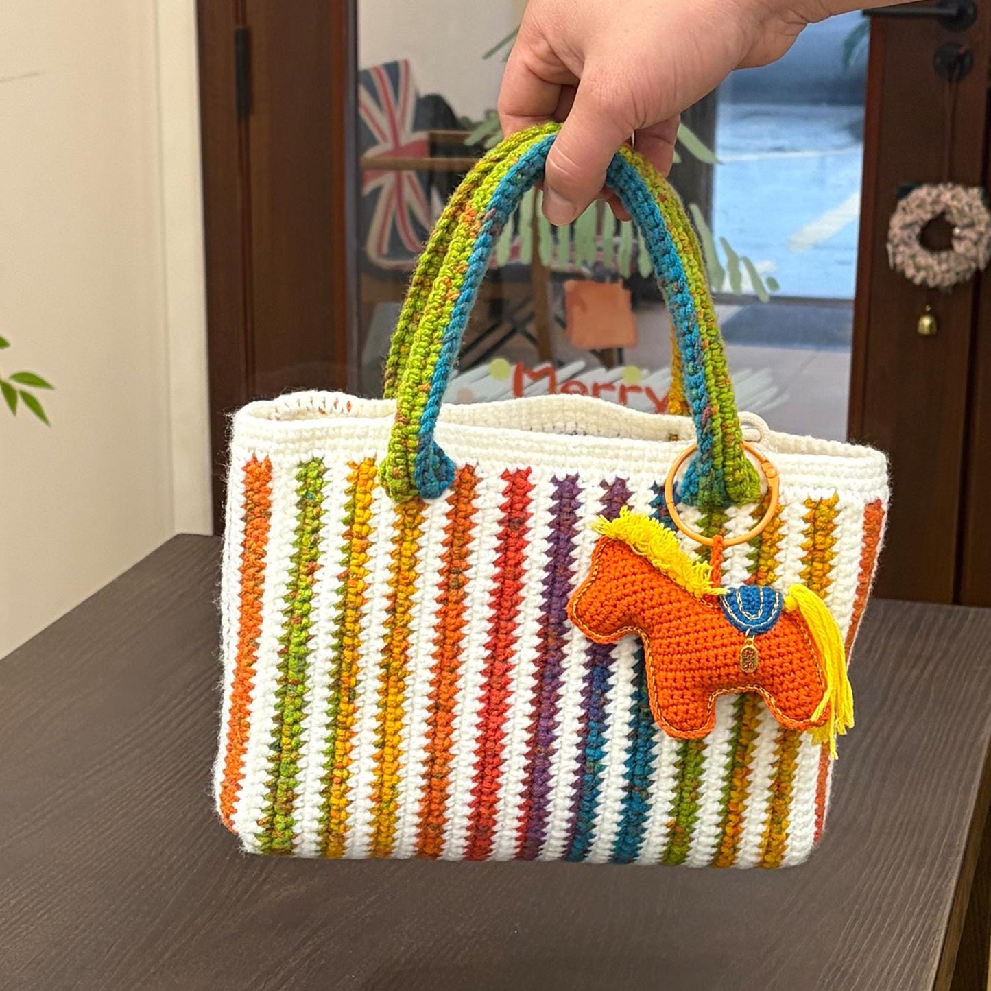 Handmade Crochet Tote Bag, Colorful Striped Cotton Bag, Handbag Gift for Her
