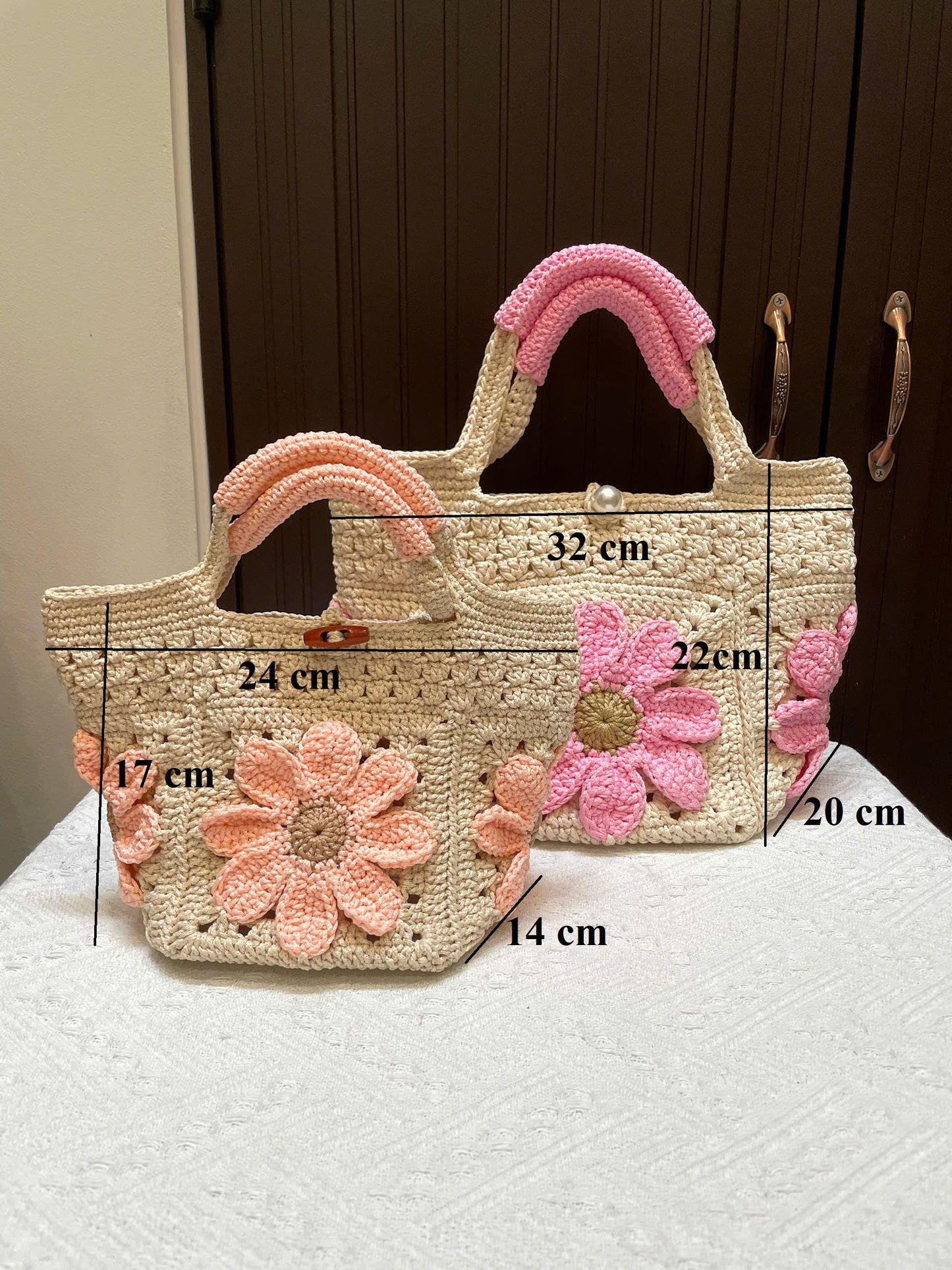 Tote bag, Crochet Granny square bag, handmade handle bag, pink flower summer beach bag, birthday gift, gift for her, Valentine Gifts