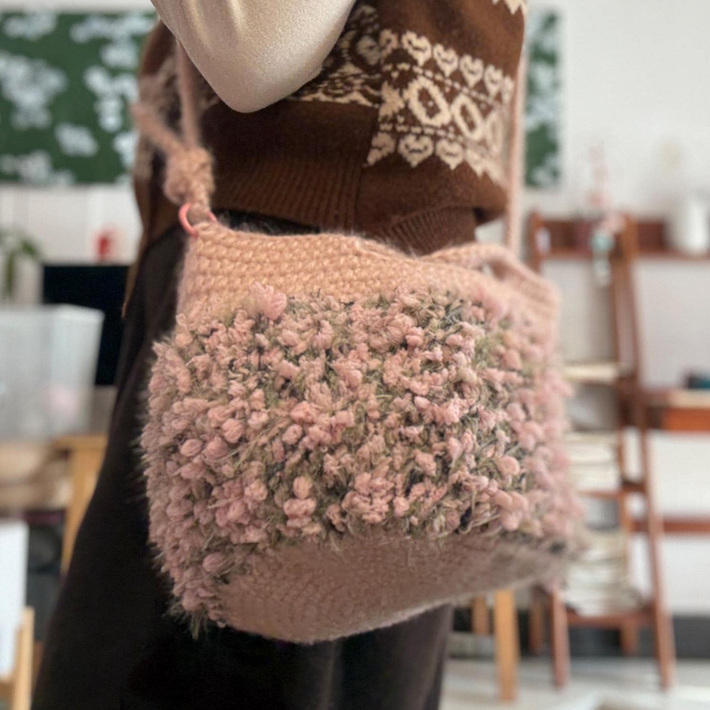 Handmade Crochet Tote Bag, Monet Garden Shoulder Bag, Handbag Gift for Her