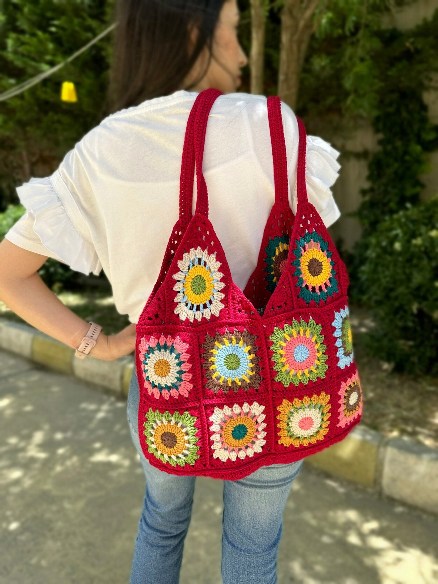 Crochet Granny Square Tote Bag: Red Boho Shoulder Bag, Handmade Hobo Bag