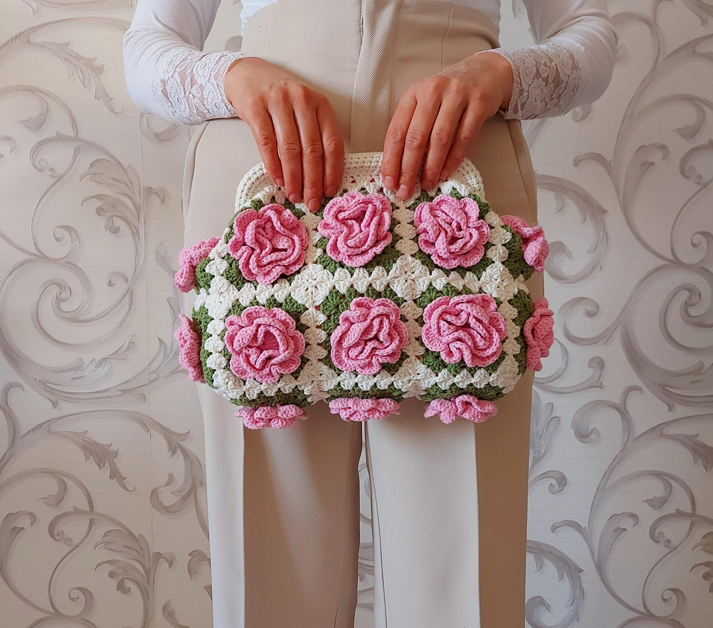 Handmade Crochet Granny Square Bag: 3D Rose Kisslock Clutch, Valentine Tote Bag