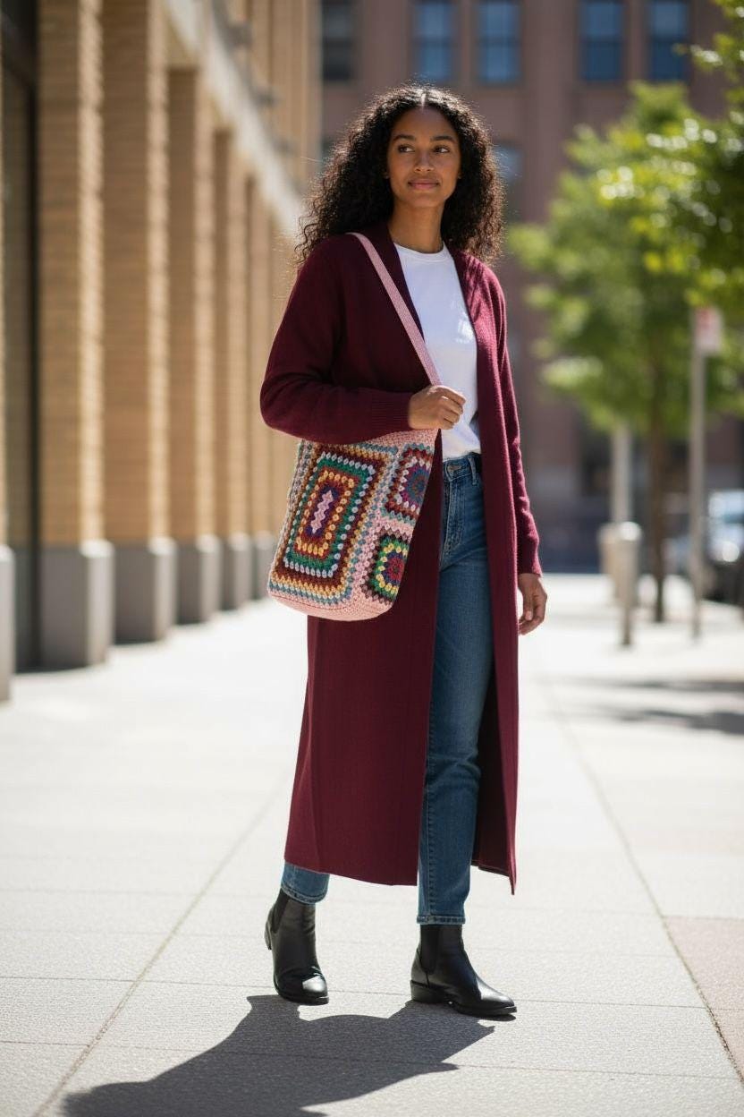 Crochet Granny Square Tote Bag: Boho Vintage Shoulder Bag
