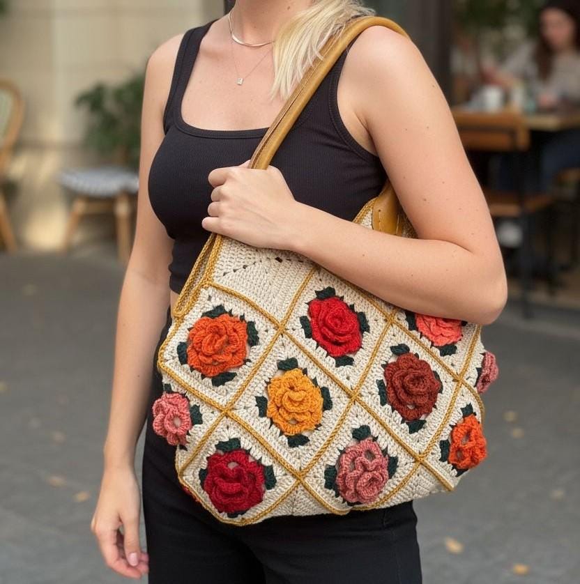 Handmade Crochet 3D Rose Tote Bag, Granny Square Purse, Boho Floral Handbag