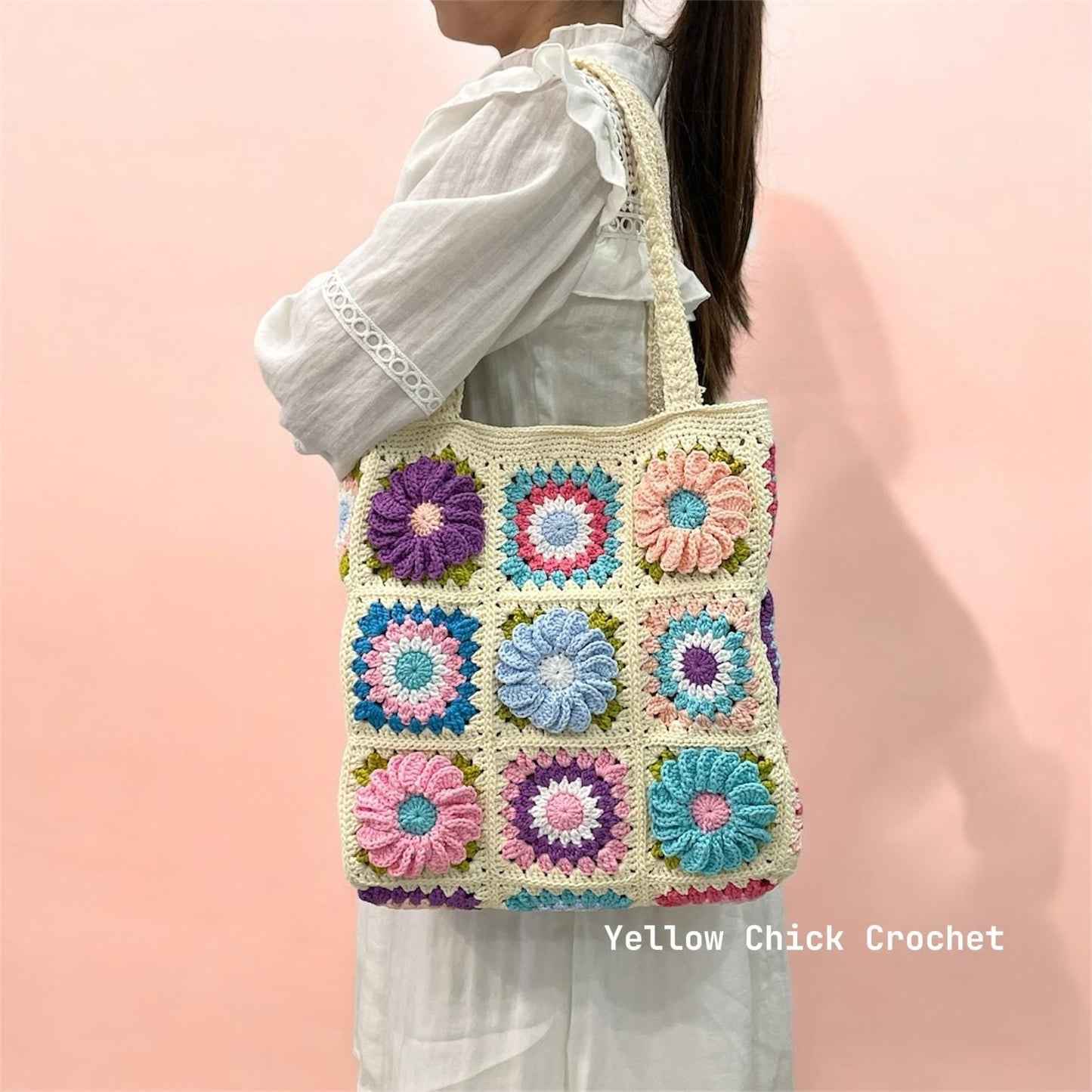 Floral Crochet Granny Square Tote,Unique Bloom Flower Bag,Handmade Tote Bag, Mother Day gift, Easter Gift, Travel Bag, Spring Accessory
