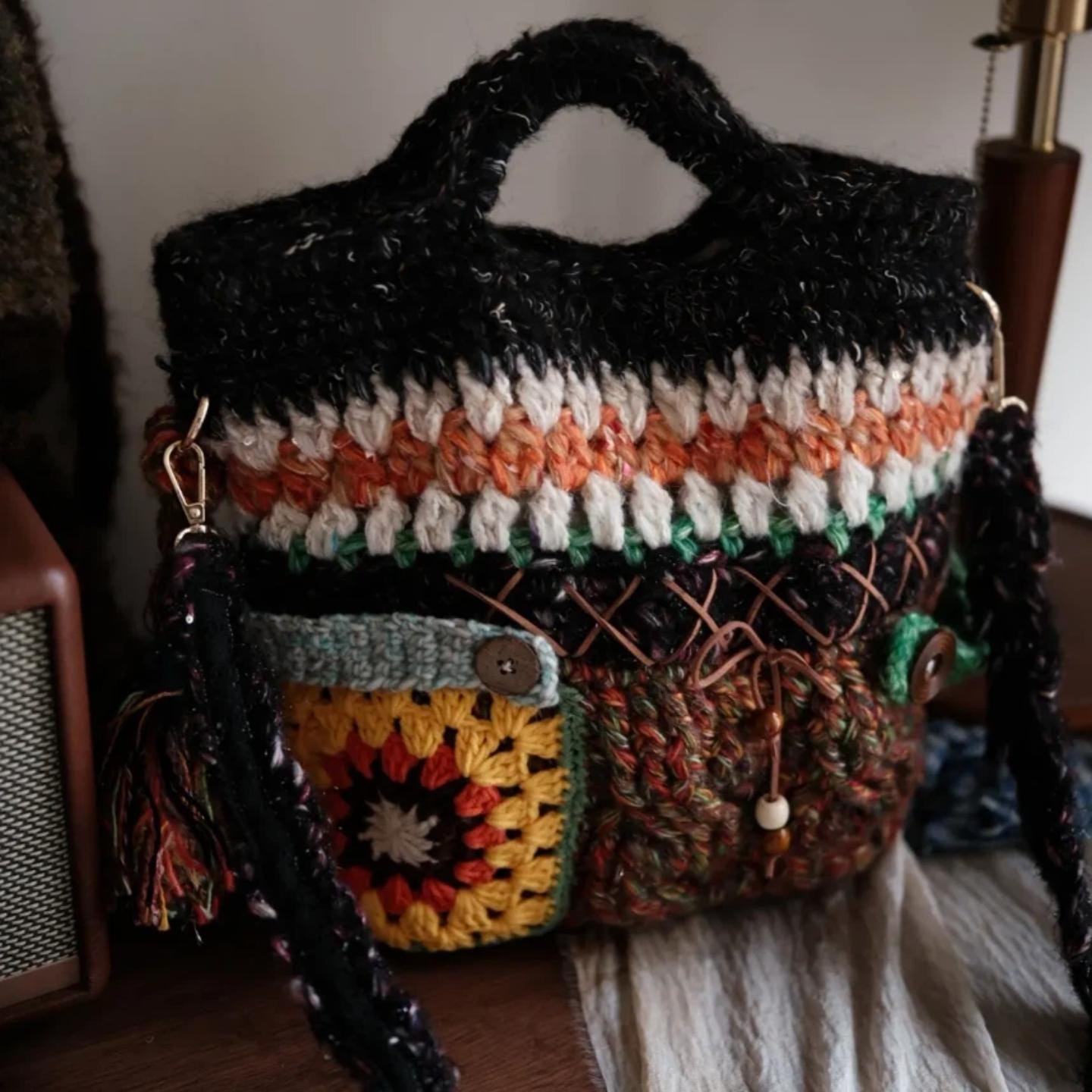 Handmade Crochet Tote Bag, "Wanderer's Soul" Mixed Yarn Bag, Lined Crochet Tote with Granny Square, Leather Button Detail, Boho Travel Purse