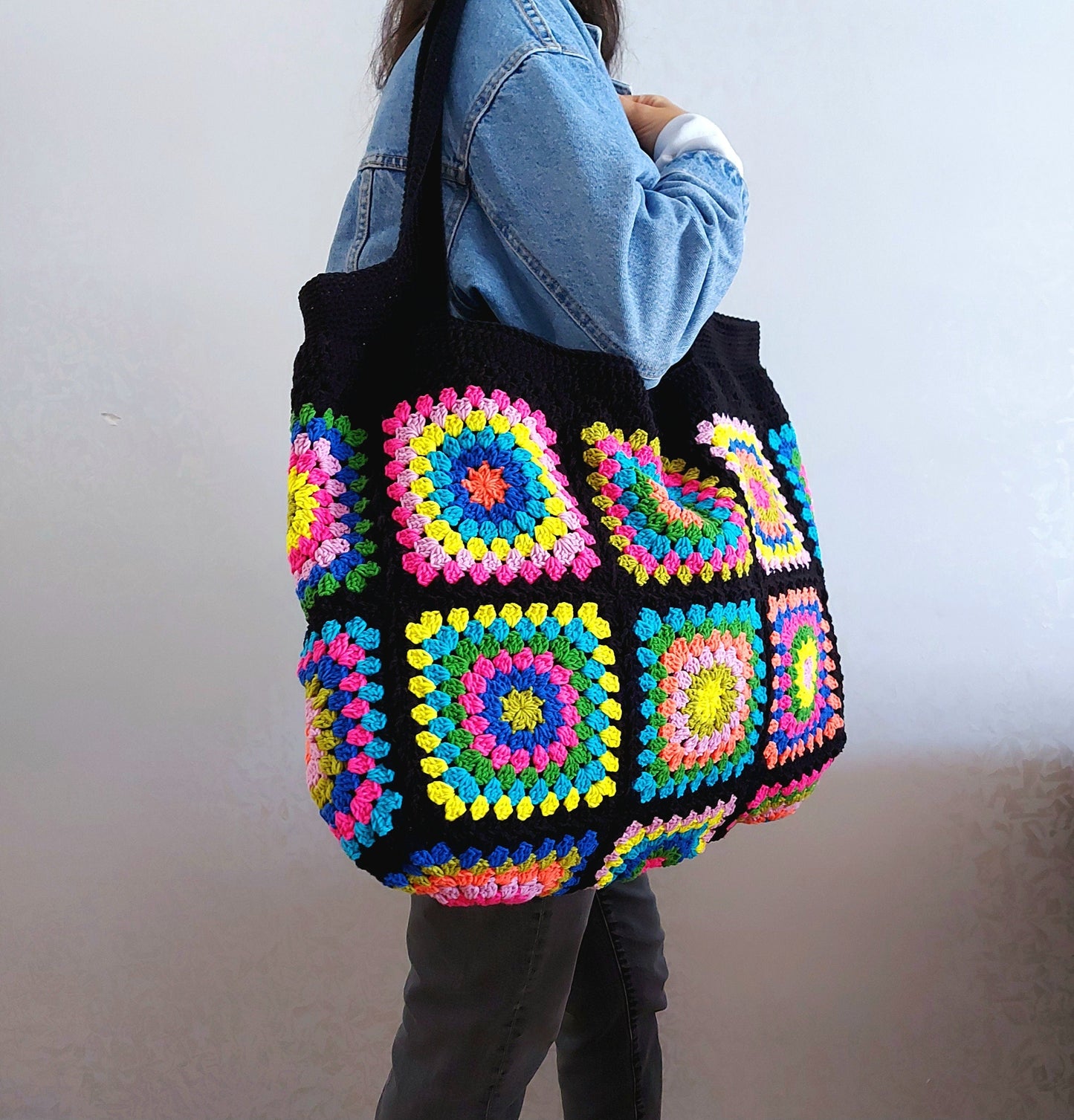 Crochet Granny Square Tote Bag: Colorful Handbags for Women, Custom Beach Bag, Spring Style