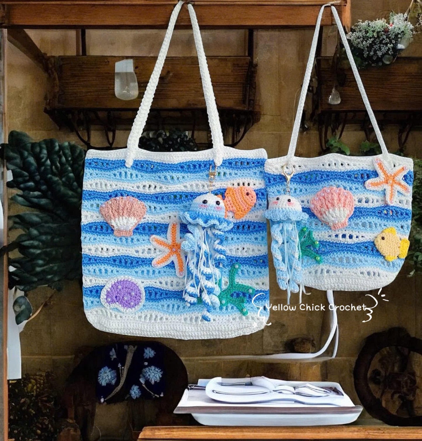 Crochet shoulder bag, Jellyfish &amp; Starfish bag, Net bag, Summer Beach Ocean bag,Mesh bag,travel bag,gift for her,sea lovers, Valentine Gift