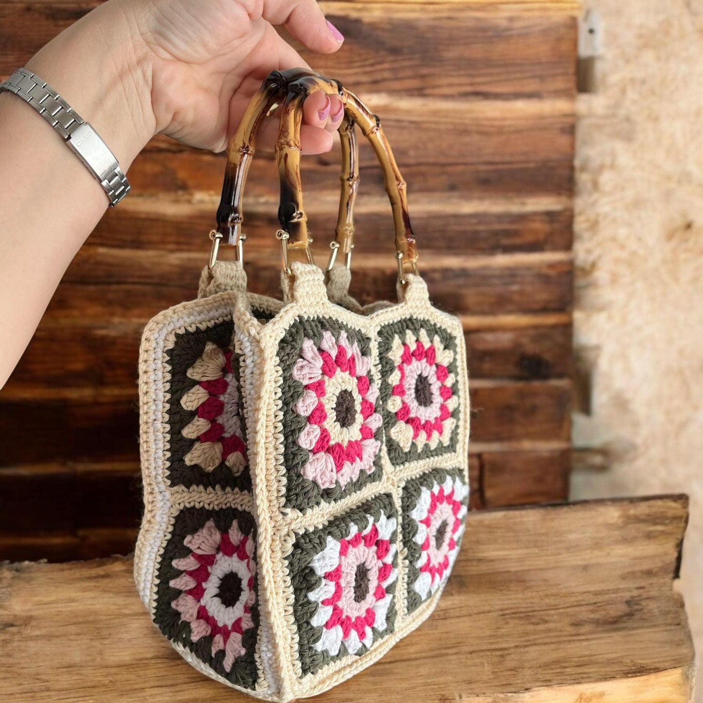 Crochet Granny Square Crossbody Bag: Blue Whisper Luna Loops, Bamboo Handle