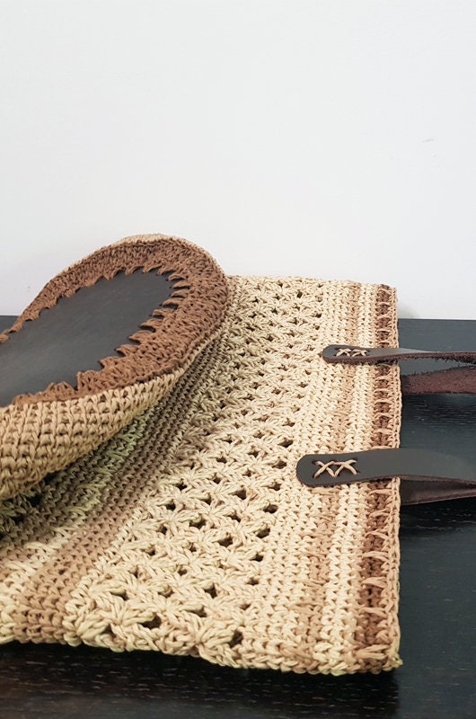 Boho Raffia Crochet Tote Bag, Handmade Summer Beach Purse with Leather Handles