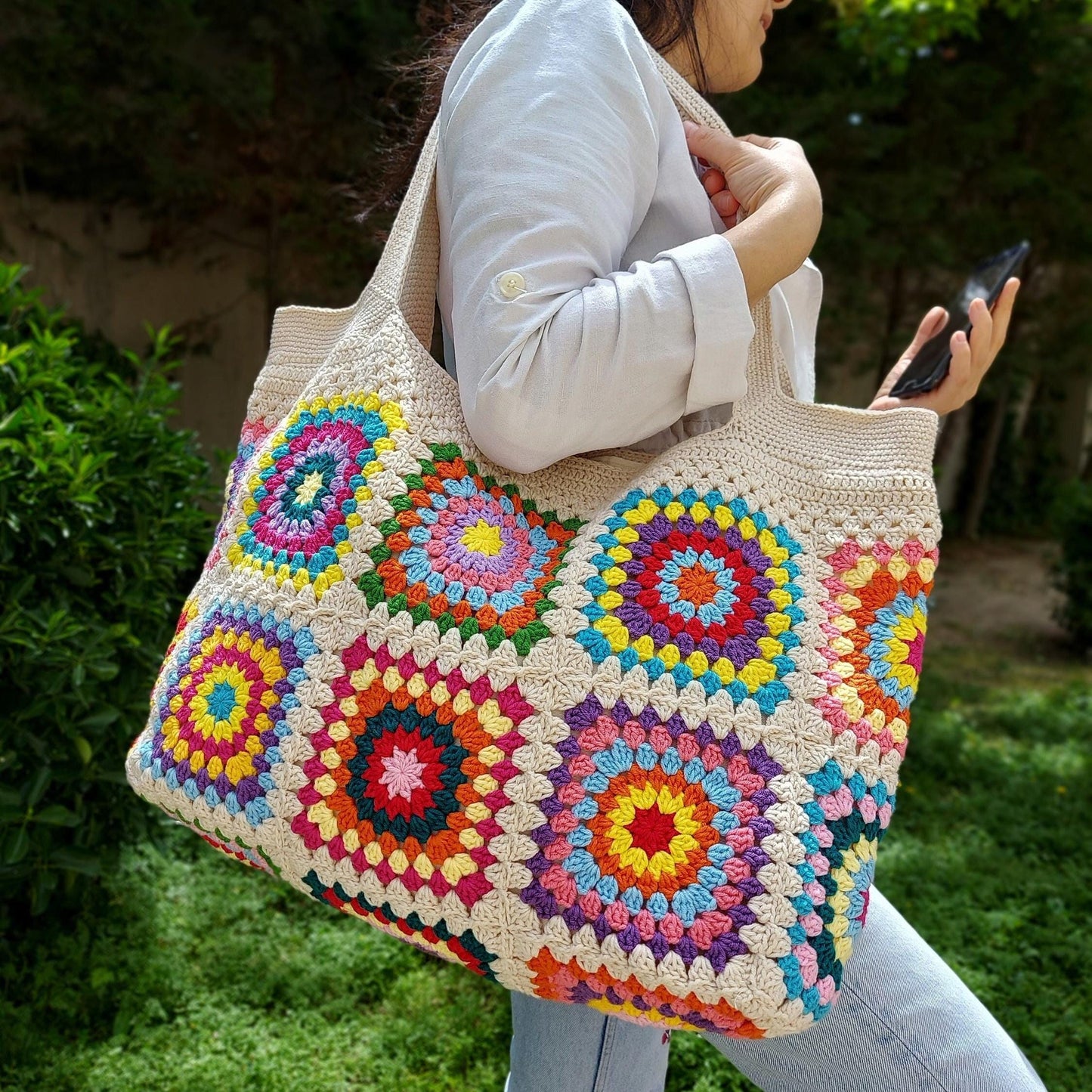 Granny Square Bag, Crochet Handle Bag, Crochet Bag, Shoulder Tote Bag, Handbags for Woman