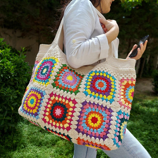 Granny Square Bag, Crochet Handle Bag, Crochet Bag, Shoulder Tote Bag, Handbags for Woman