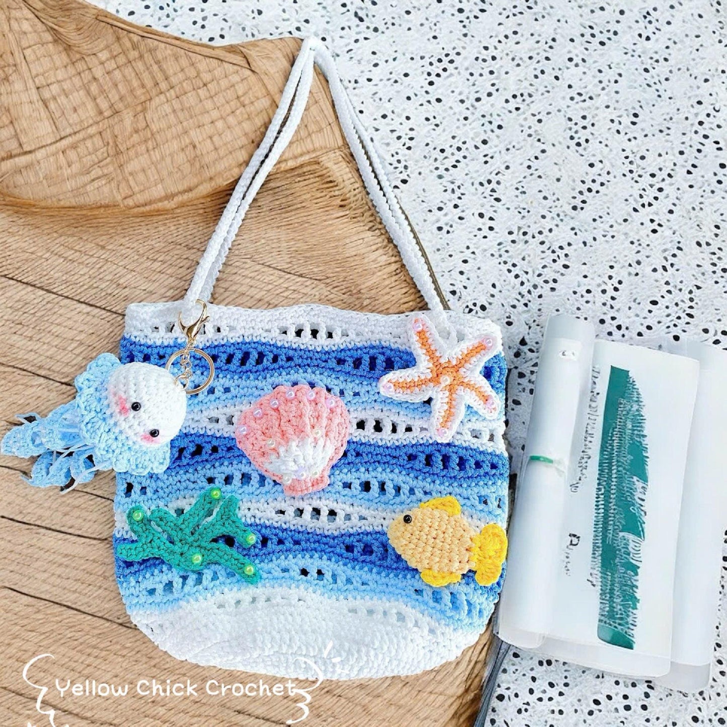 Crochet shoulder bag, Jellyfish &amp; Starfish bag, Net bag, Summer Beach Ocean bag,Mesh bag,travel bag,gift for her,sea lovers, Valentine Gift