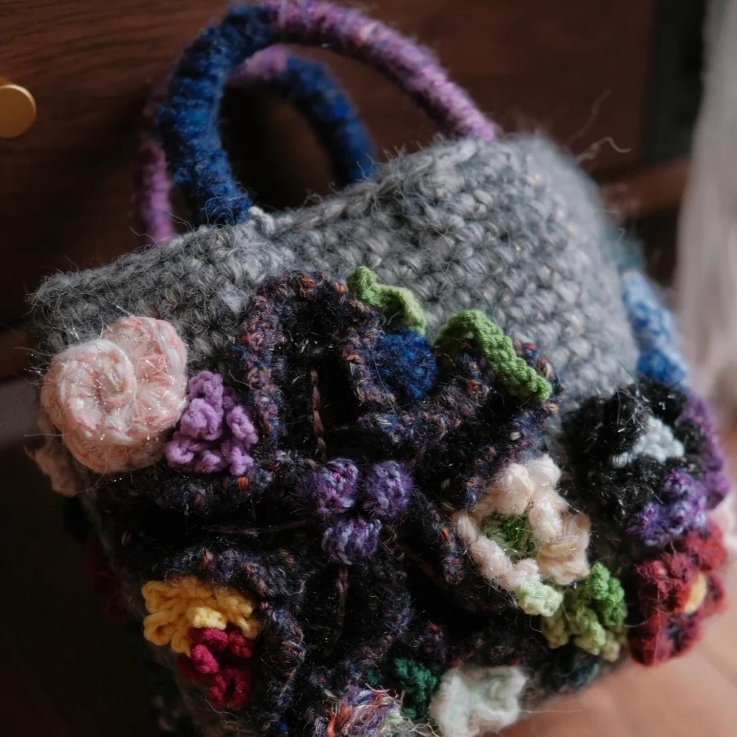 Handmade 3D Flower Crochet Bag, Boho Tote, Colorful Textured Knit Purse, Unique Artisan Handbag, Mother's Day Gift for Mom