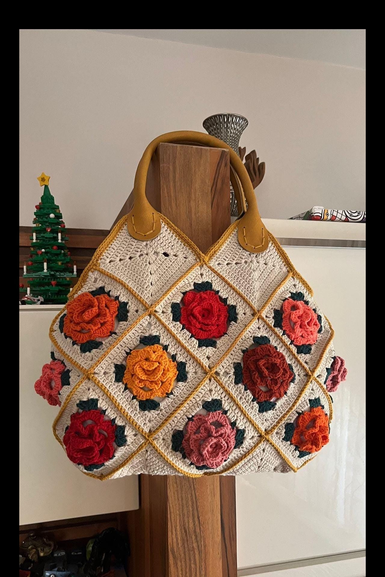 Handmade Crochet 3D Rose Tote Bag, Granny Square Purse, Boho Floral Handbag