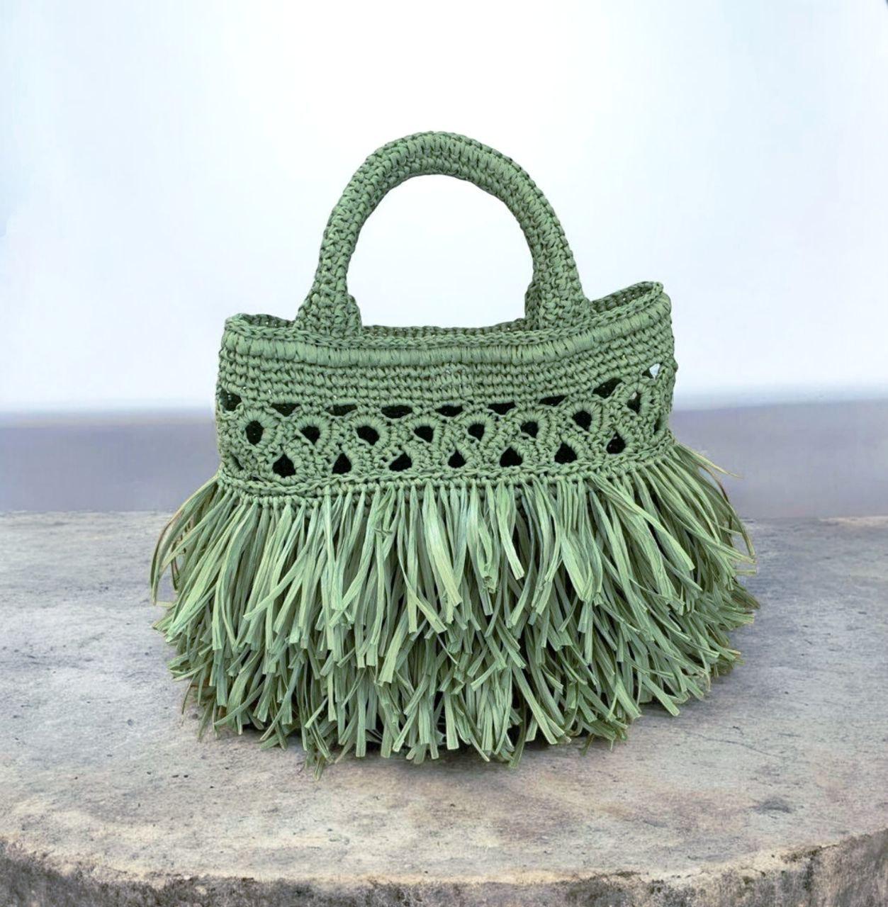 Raffia fringe bag, boho-style crocheted handbag, summer evening bag, woven handbag, women's festival bag, green tote bag as a gift