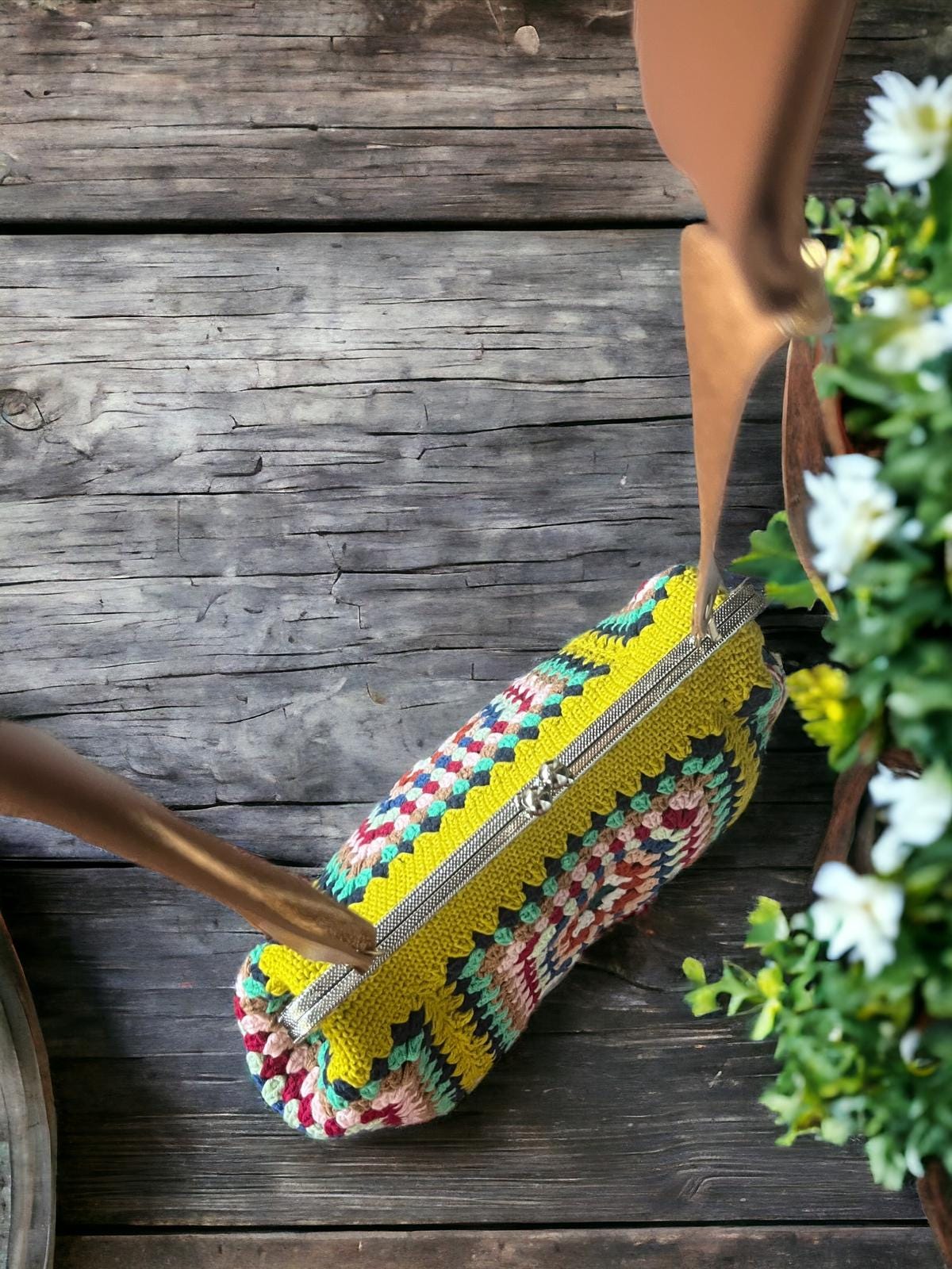 Handmade Granny Square Crochet Clutch: Vintage Style Purse with Adjustable Strap crochet bag