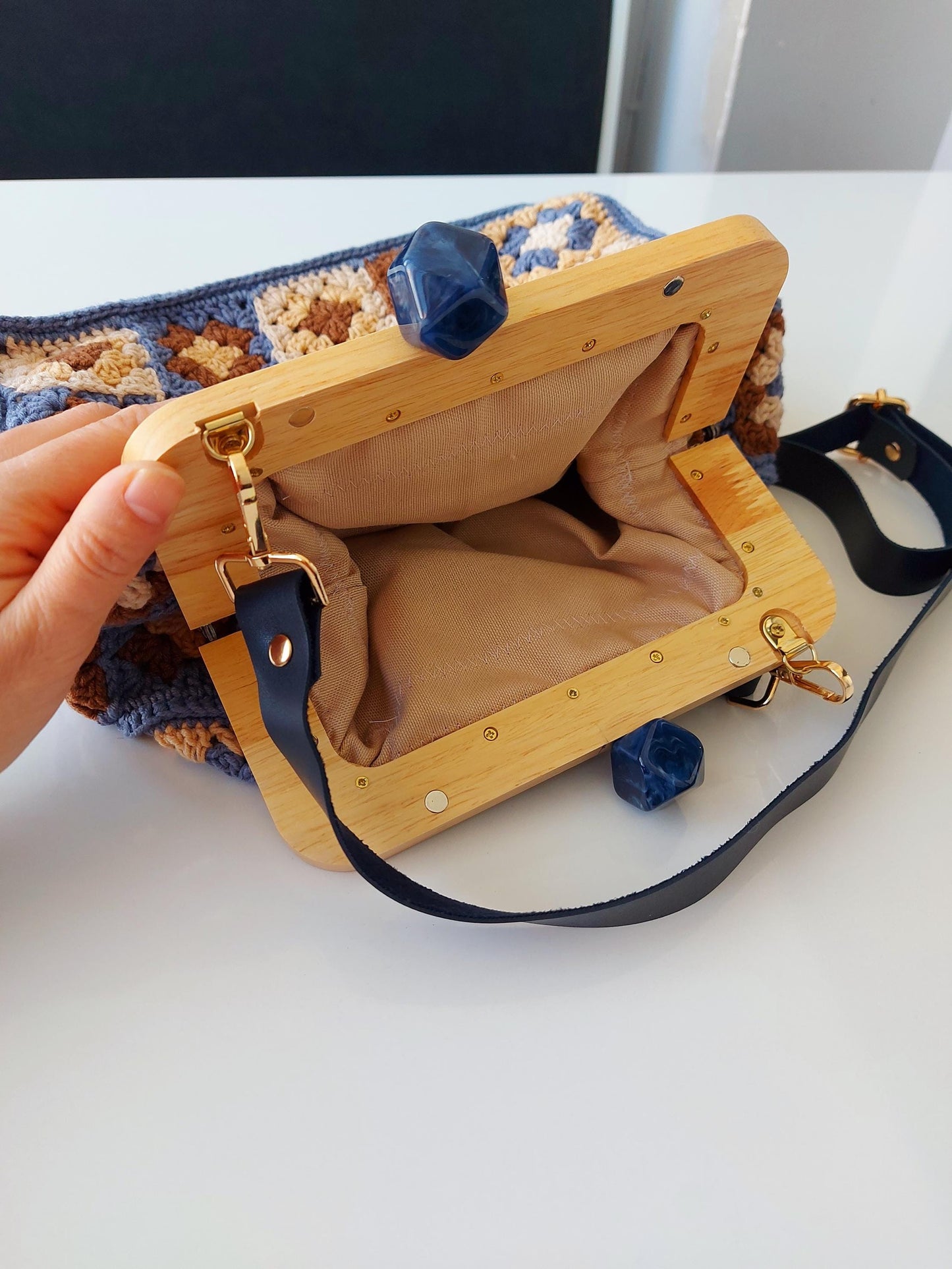 Large Kiss Lock Bag: Crochet Granny Square Bag, Top Handle Bags