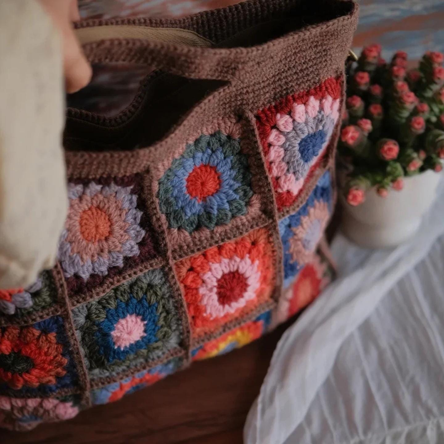 Handmade With 100% Premium Wool Crochet Tote Bag, 3D Granny Square Purse, Boho Shoulder Bag with Cotton Lining &amp; YKK Zipper, Gift for Her
