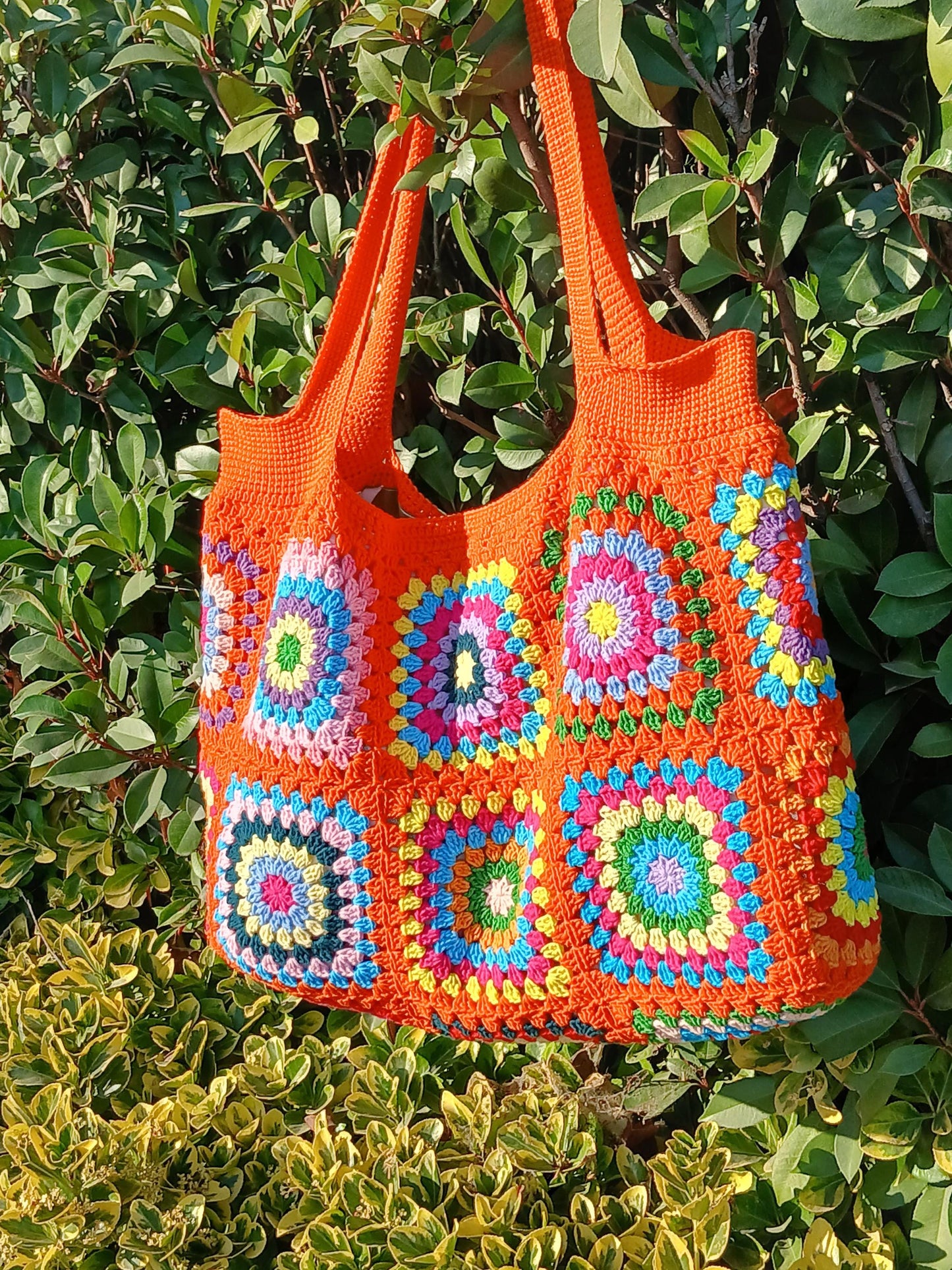 Granny Square Tote Bag, Shoulder Bag Purses for Women, Orange Purse and Handbag Crochet