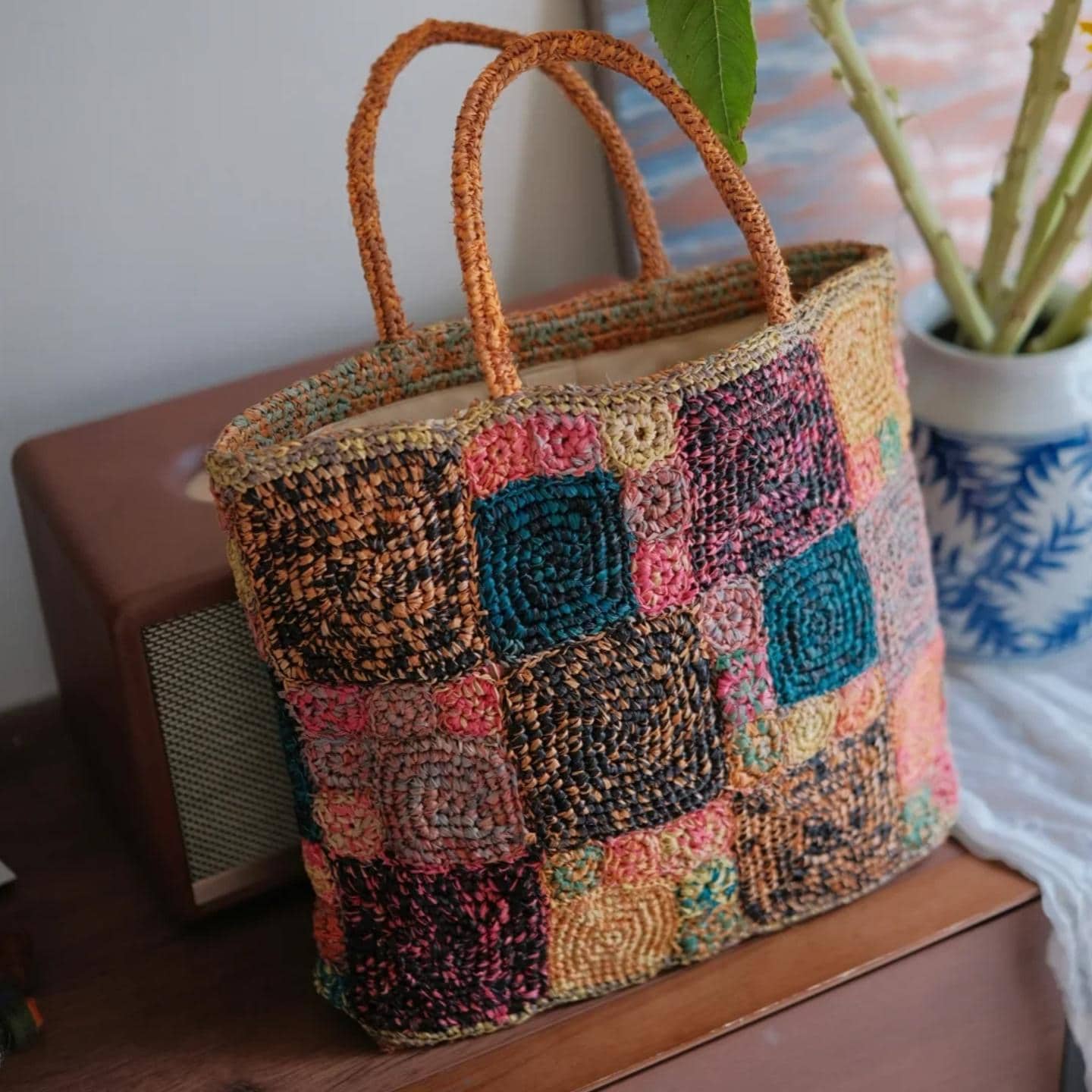 Handmade Boho Chic Raffia Handbag, Colorful Crochet Tote Bag, Woven Beach Bag with Magnetic Snap, Perfect for Vacation, Gift for Her