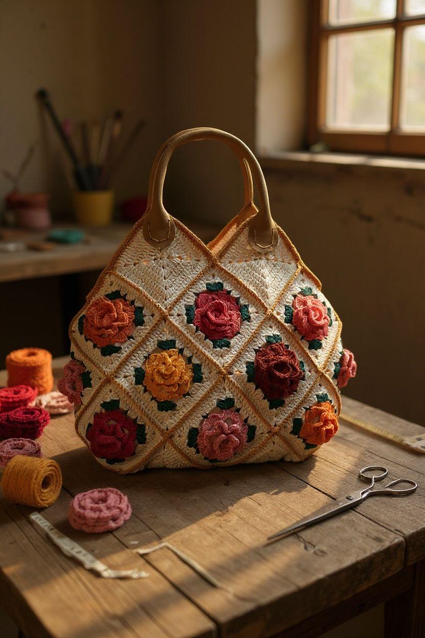 Handmade Crochet 3D Rose Tote Bag, Granny Square Purse, Boho Floral Handbag