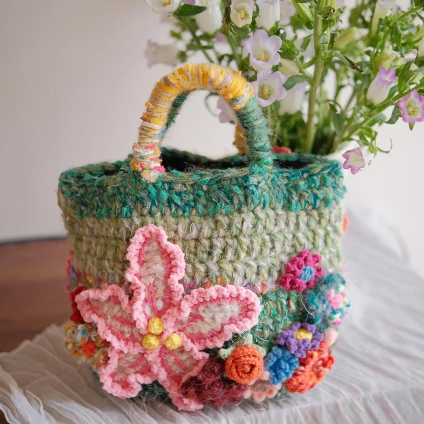 Handmade 3D Flower Crochet Bag, Boho Tote, Colorful Textured Knit Purse, Unique Artisan Handbag, Mother's Day Gift for Mom