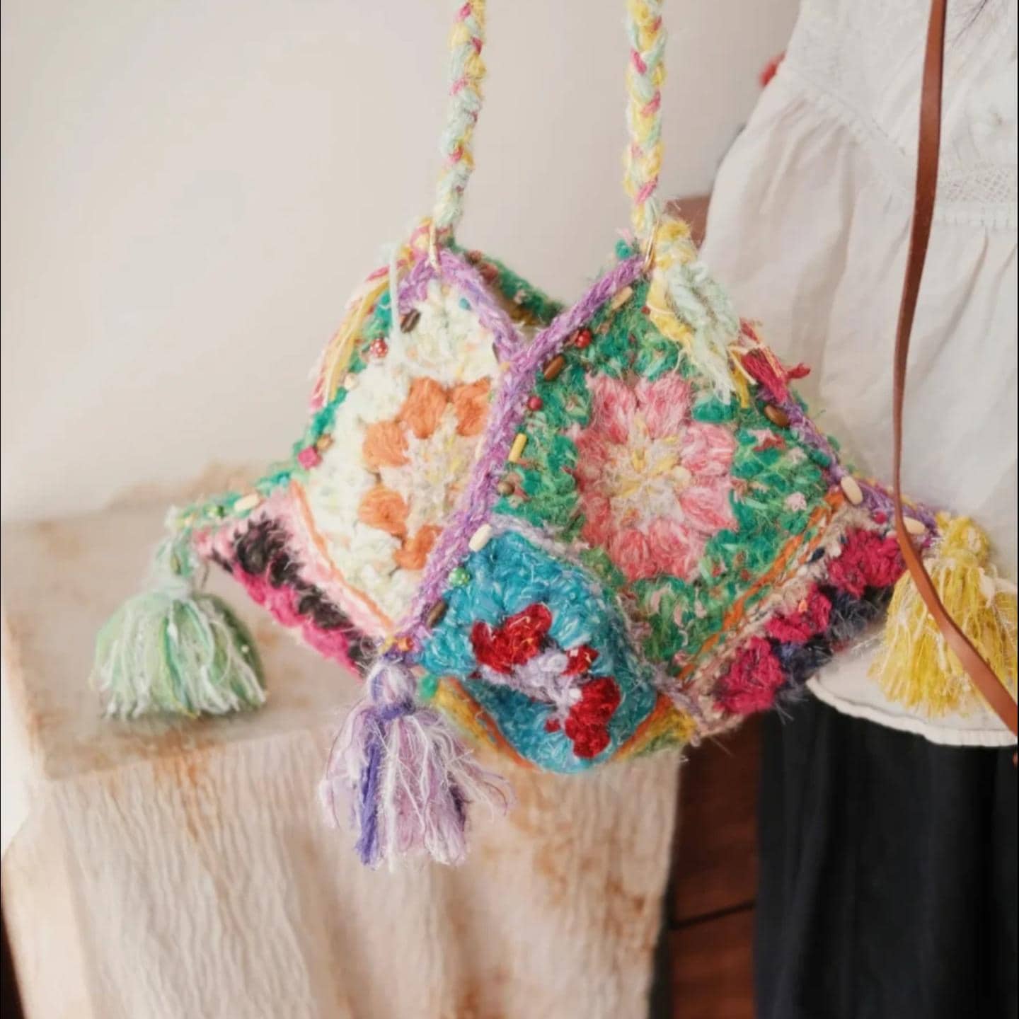 One-of-a-Kind Bag, Unique Crochet Shoulder Bag, Hand-Spun Yarn Granny Square Pyramid Purse, Eclectic Hippie Satchel, Statement Accessory