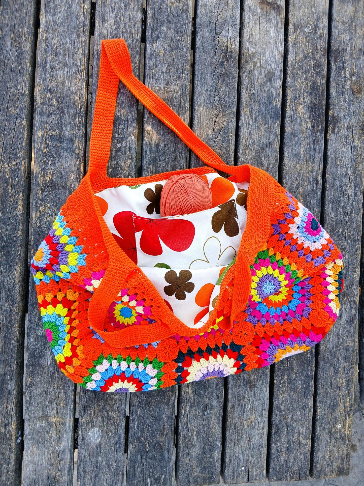Granny Square Tote Bag, Shoulder Bag Purses for Women, Orange Purse and Handbag Crochet