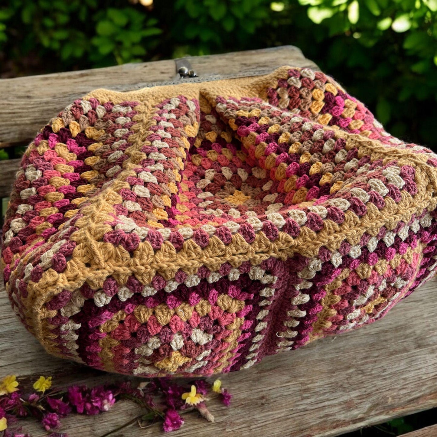 XL Crochet Granny Square Bag: Handmade Vintage Purse with Adjustable Strap