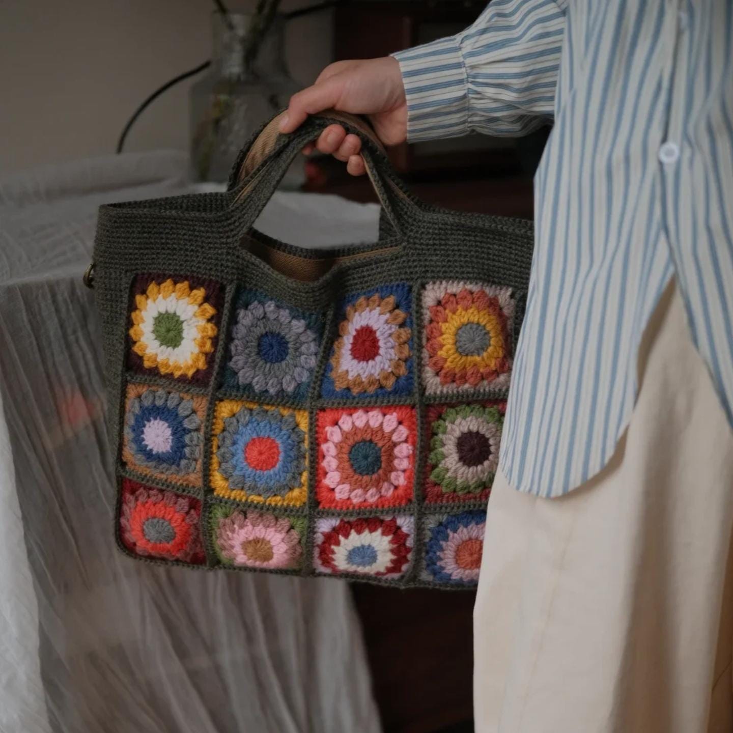 Boho Chic Crochet Bag, Handmade Wool Blend Tote, 3D Flower Granny Square Shoulder Bag, Durable YKK Zipper, Artisan Knit Purse, Gift for her