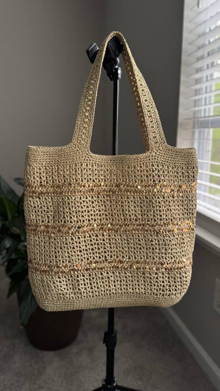 Handmade Raffia Crochet Tote Bag with Sequins, Boho Beach Accessory